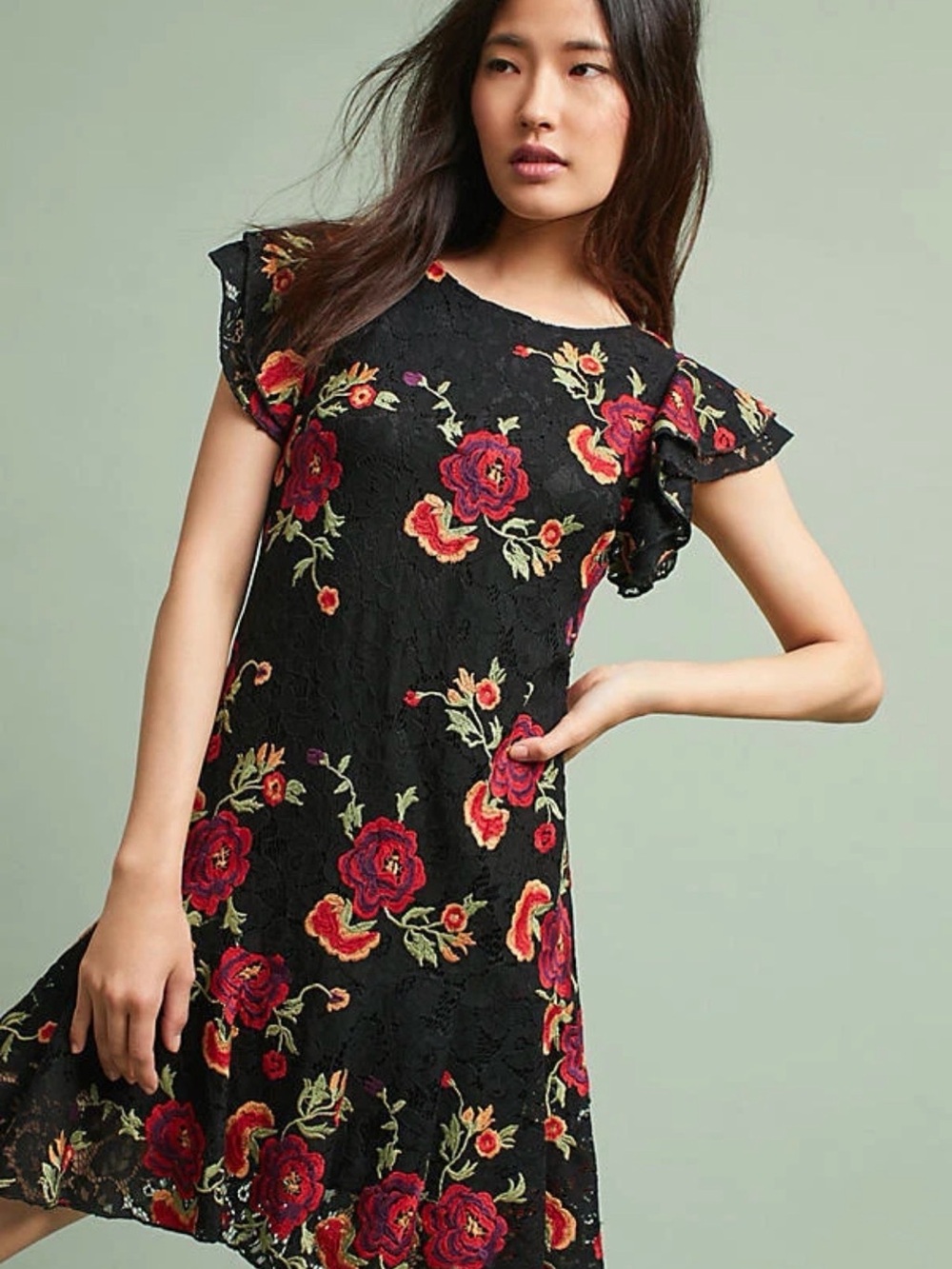 Eva Franco Anthropologie Black Floral Dress Sz 2